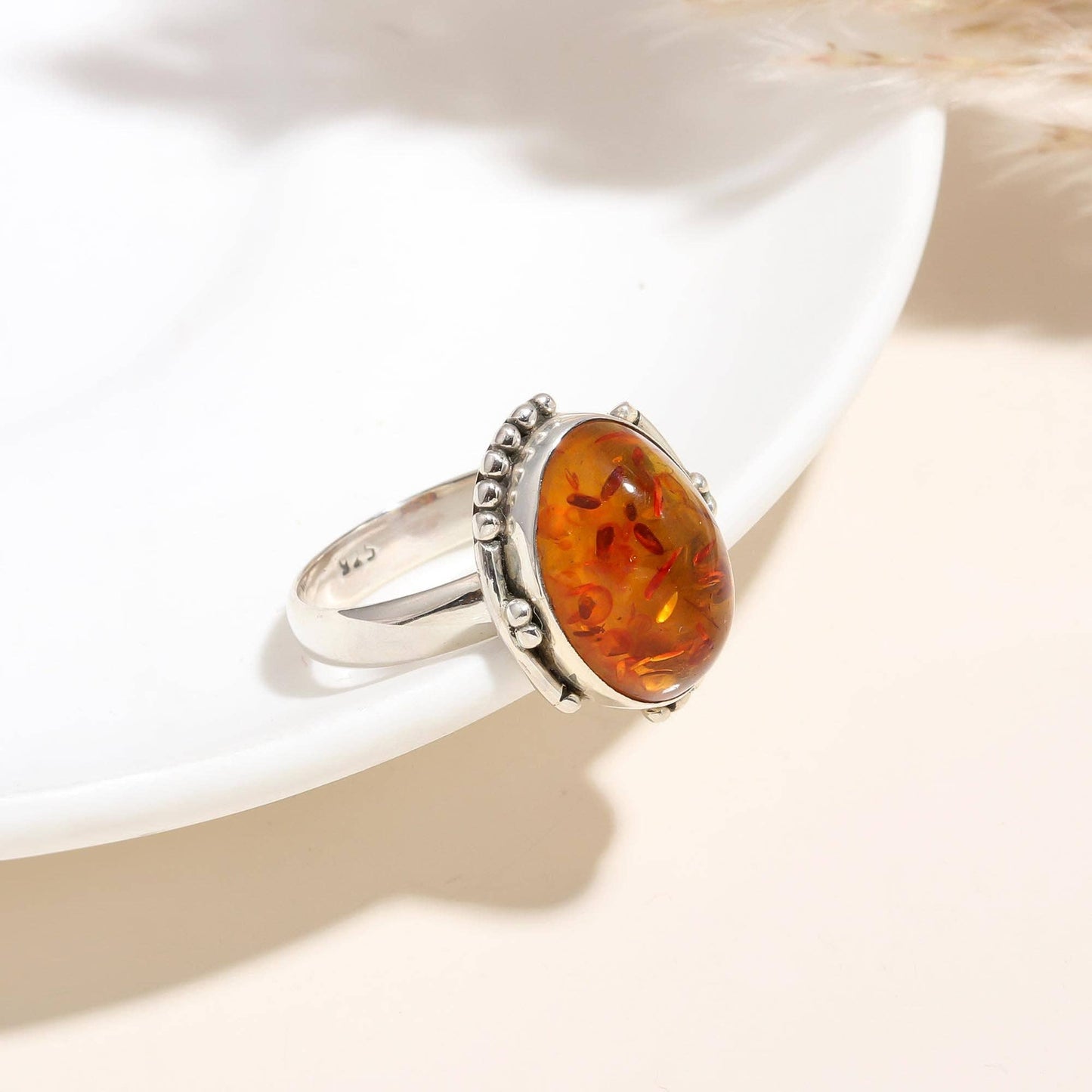 925 Silver Oval Amber Ring