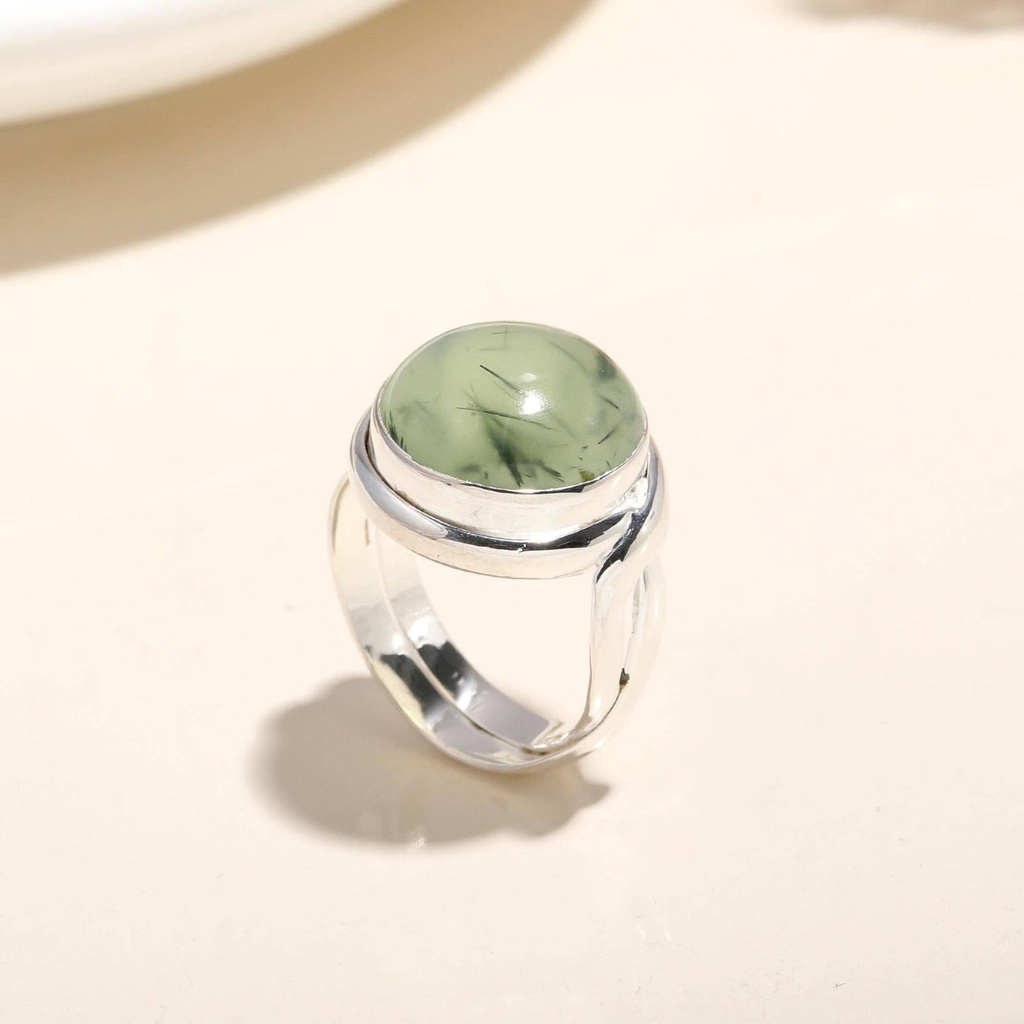 Silver Round Prehnite Ring