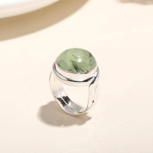 Silver Round Prehnite Ring