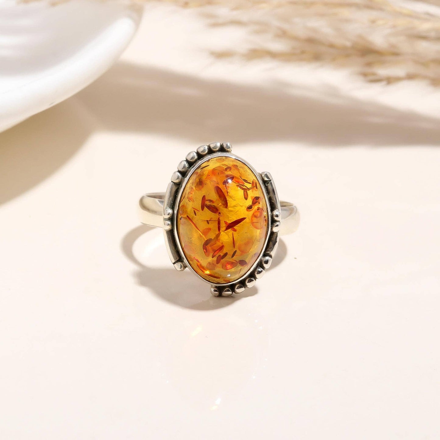 925 Silver Oval Amber Ring