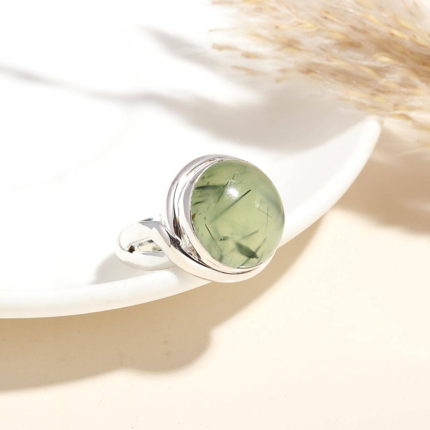 Silver Round Prehnite Ring