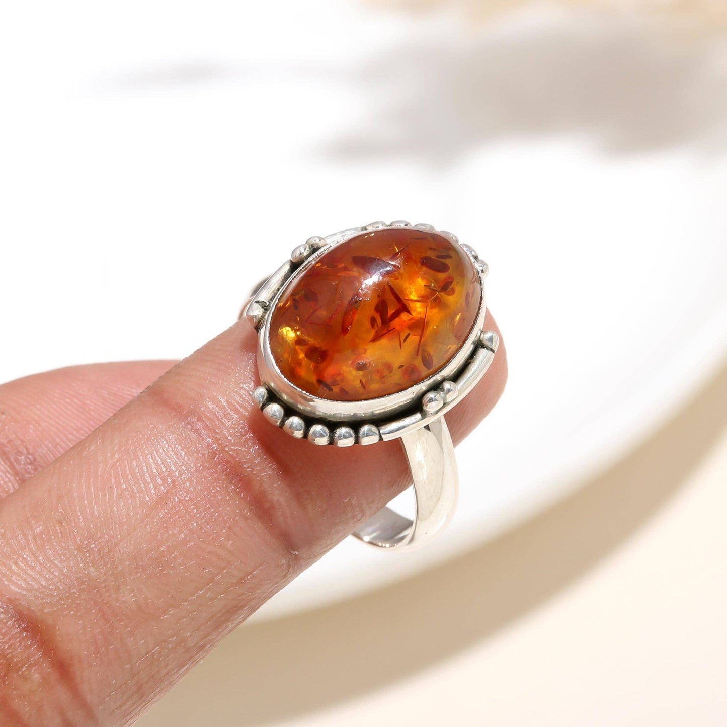 925 Silver Oval Amber Ring