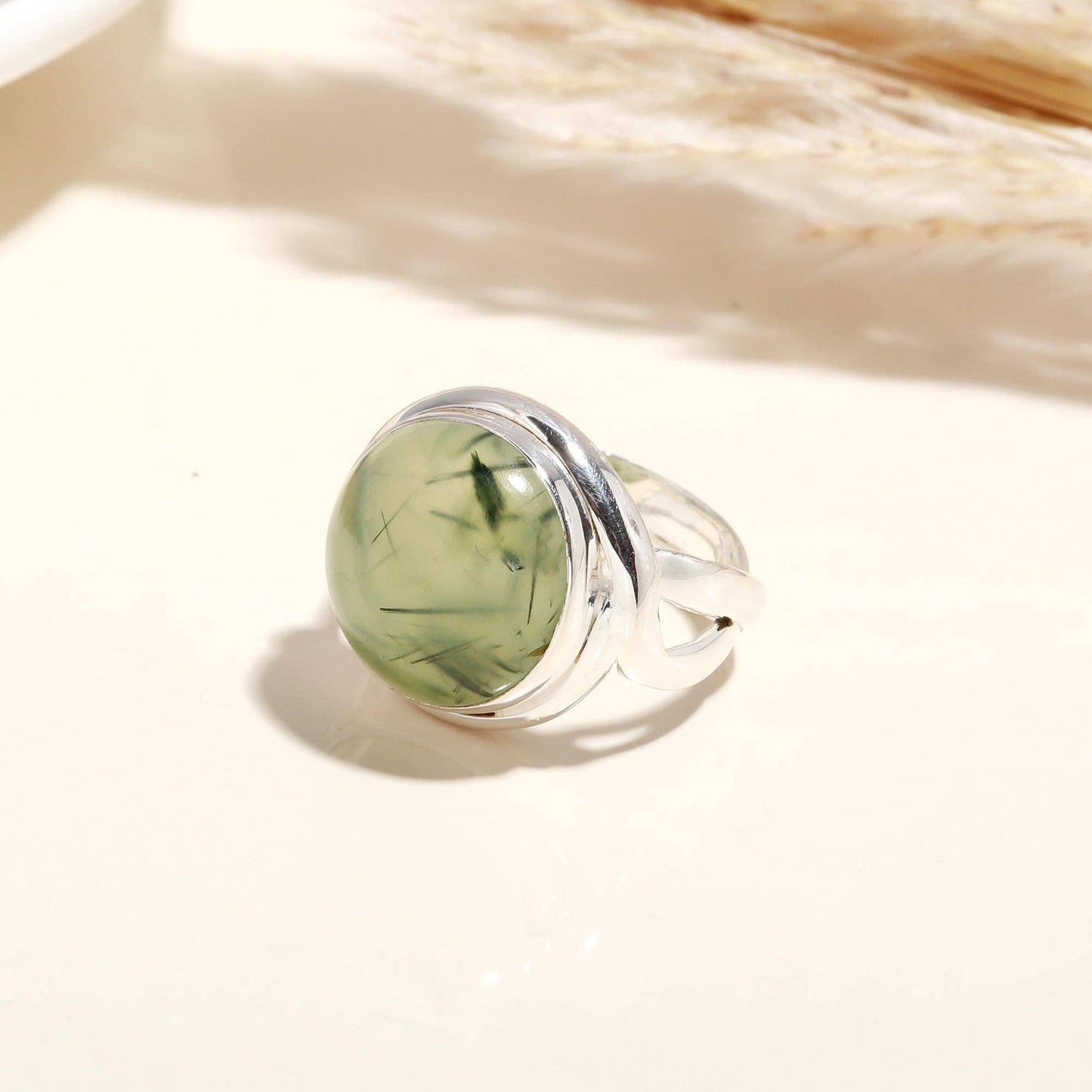 Silver Round Prehnite Ring