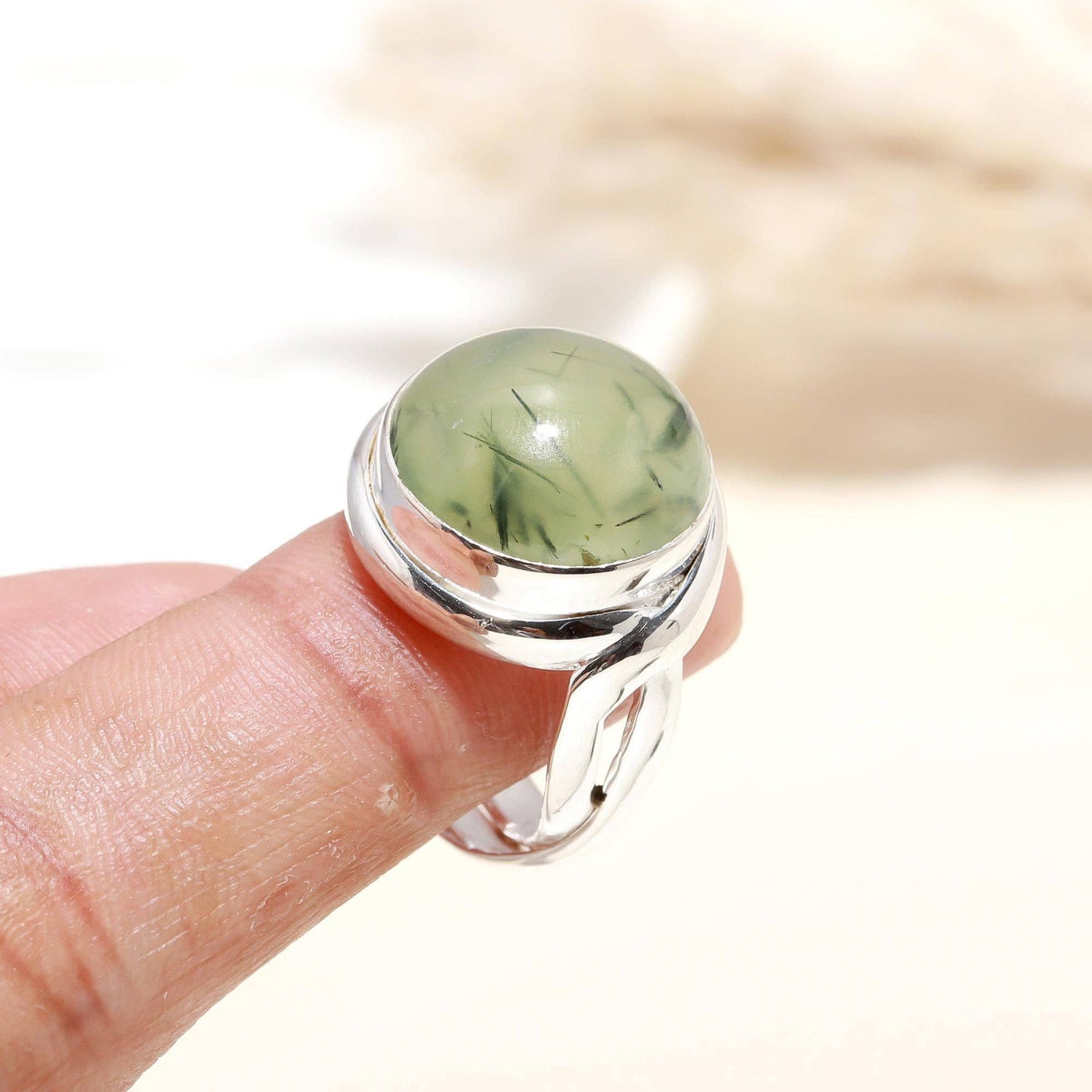 Silver Round Prehnite Ring