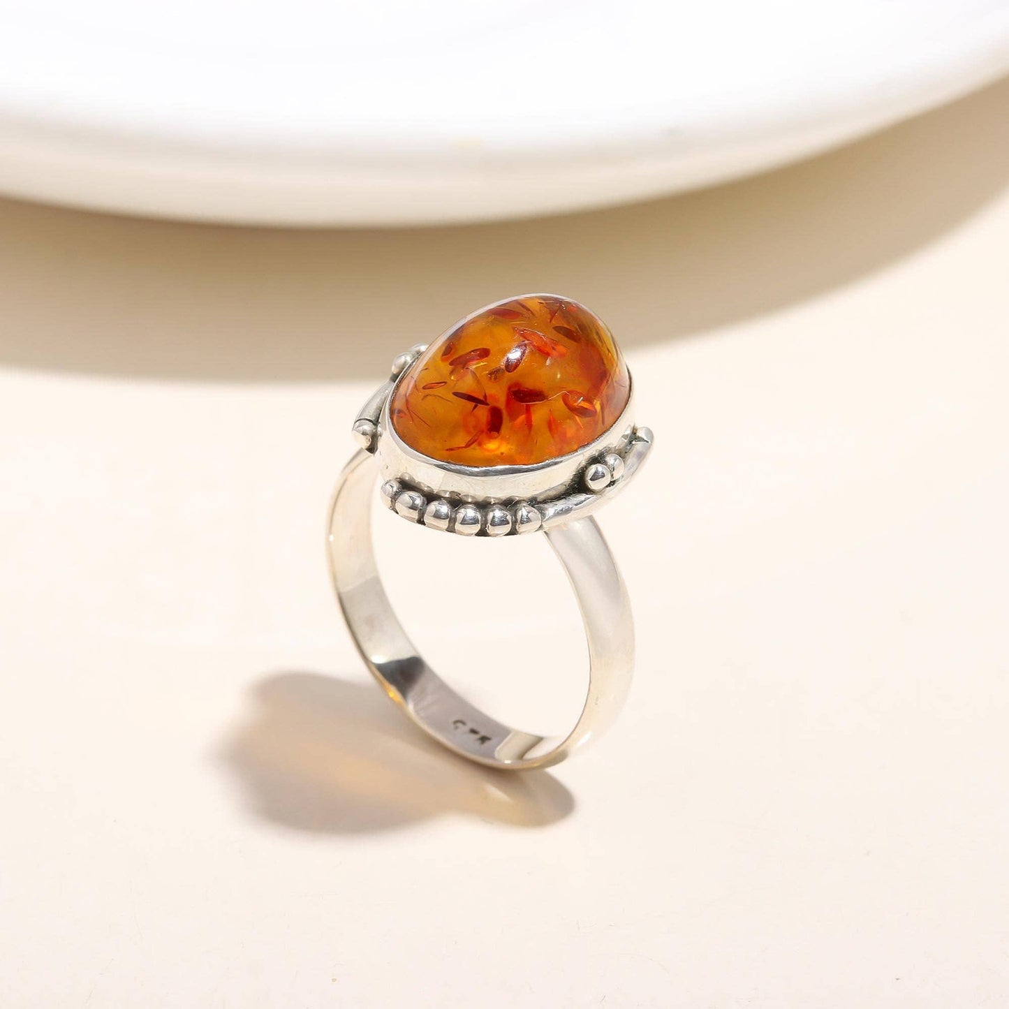 925 Silver Oval Amber Ring
